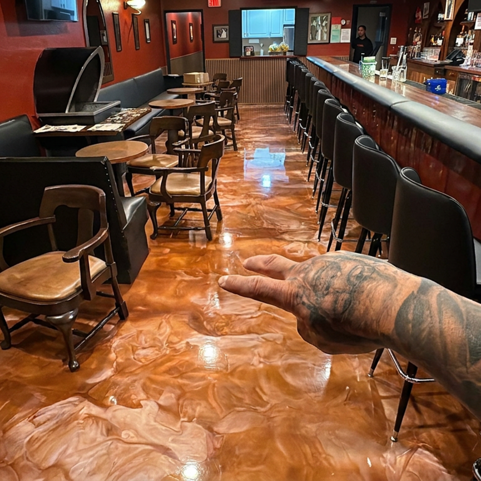 Warmly lit bar interior with red walls, polished floors, wooden tables, leather seating, liquor shelves, and a tattooed arm pointing toward the room.
