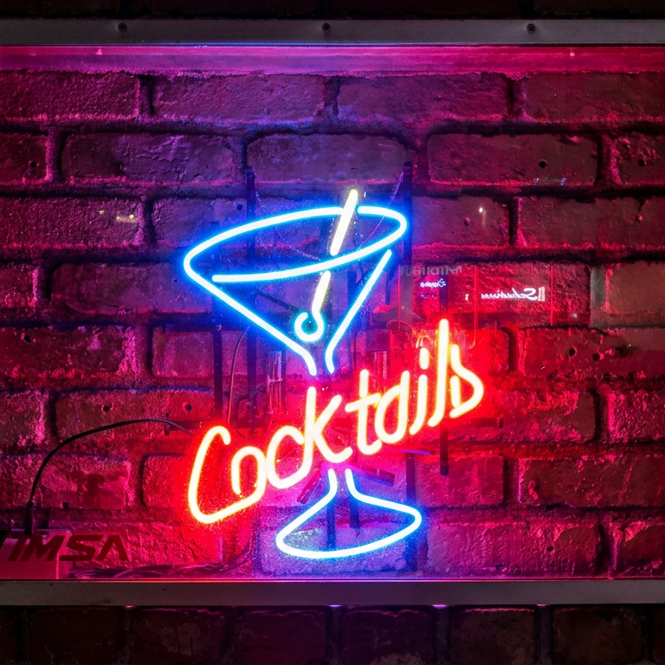 Neon cocktail glass and red lettering spell “Cocktails” against a brick wall.
