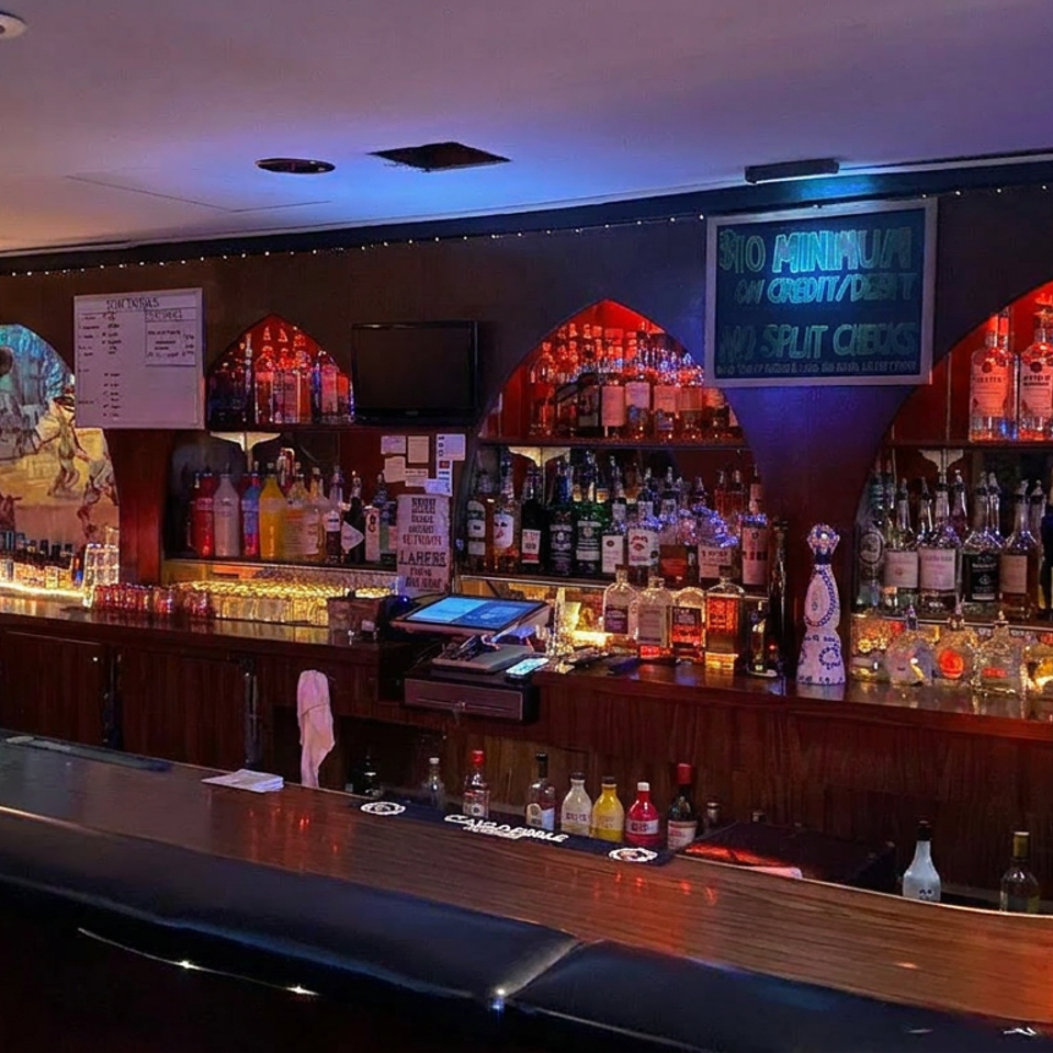 Dimly lit restaurant bar with colorful bottle displays, illuminated shelves, a long polished counter, and leather seating.