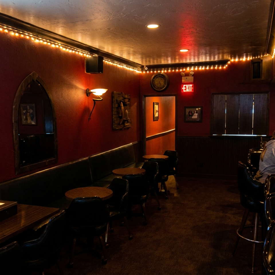 Dimly lit bar with red walls, glowing fireplace, television, string lights, and two patrons seated at the counter.
